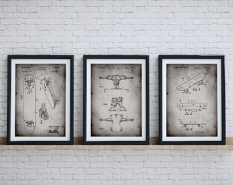 Skateboard Art Patent Posters Group of 3, Skateboard Deck, Boys Room Decor, Skateboard Decor, Teen Boy Gift, PP1169