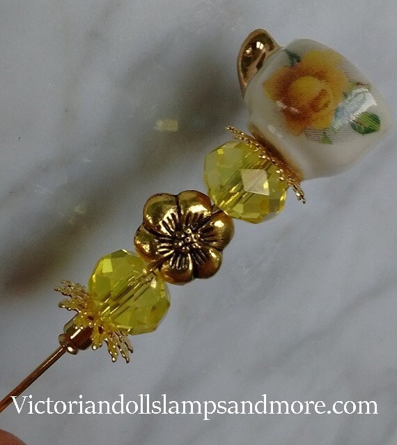 Tea Cup Hat Pin porcelain or lapel pin 3 inches gold like with