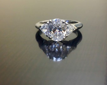 Platinum Art Deco Oval Diamond Engagement Ring - Art Deco Platinum Oval Diamond Wedding Ring - Oval Diamond Ring - Three Stone Platinum Ring