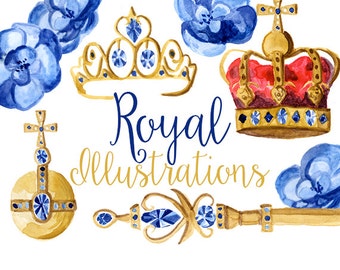Royal Illustrations, Watercolor Crowns, Crown Clip Art, Orb and Scepter, Royal Blue, King and Queen Clipart, Royalty Clip Art, Gold Clipart