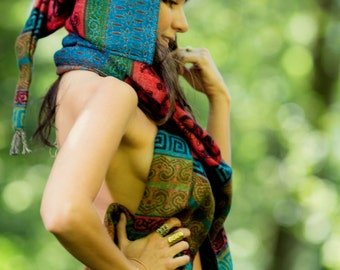 Hoodie Scarf - Gypsy Wool Kashmiri Hoddie Scarf Bohemian Hippie Style Tribal Stylish Warm Scarf