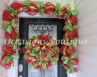 Whimsical Christmas Wreath with Door Garland, Holiday wreath, Christmas door hanger, Christmas Decoration, Large Wreath, Front door Wreath