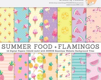 GET 3 FOR 2. Summer Tropical Digital Papers: Flamingo & Food. Watercolor Pineapple, Ice Cream, Watermelon, Wreaths, Popsicle, Lime. CA019.