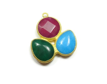 Triple Jade Stone Charm Pendant- 34 mm 24K Gold Plated Bezel Charm Pendant - GS038-D