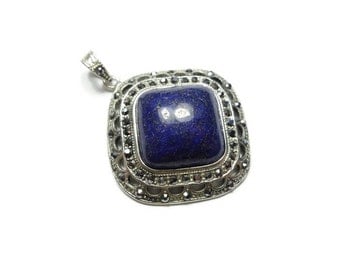 Block Lazuli Gemstone in Arch-Work Silver Plated Pendant - GS042