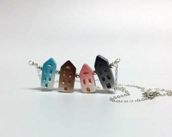 Colorful, dainty house beads pendant 925 sterling silver necklace, handmade polymer clay jewelry, gift for her