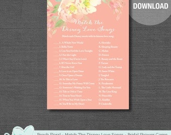 Match The Disney Love Songs Bridal Shower Game Printable Peach Floral, Instant Download, Flowers, Lingerie Shower, Bachelorette Party, 12F
