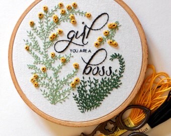 Girl Boss Feminist Wall Art Flower Embroidery Hoop Art Girl Power Quote Feminist Gift