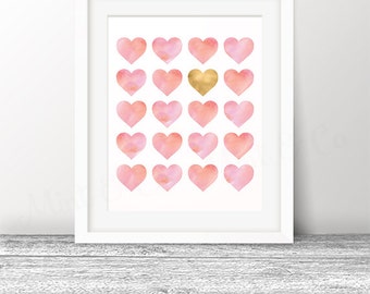 Valentines Gold Heart Print Art Print, Pink Watercolor Hearts Nursery Digital Printable Decor, INSTANT Download, Digital 11x14 8x10 Print