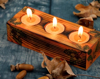 Wooden candle holders Rustic home decor Pyrography Wood burning art Acorn decor Wood candle holders Country decor Tealight candle holders