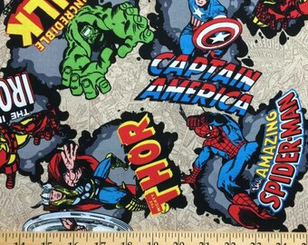 Avengers Fabric By the Yard , Half Yard Super Hero Spiderman Hulk Capt America Ironman Marvel Comics 100% Cotton Quilting Apparel BTY t6/