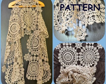 Crochet Scarf Pattern With Round Motives - Three Crochet Doilies Diagrams - Graph Pattern - DIY Summer Wrap Scarf for Her - Crochet Mandala