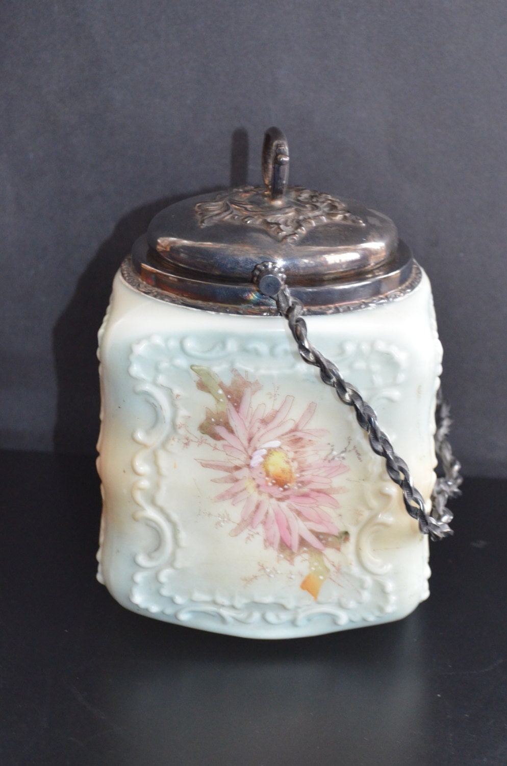 WaveCrest Antique Glass Cracker Jar CF Monroe Enamel Decorated