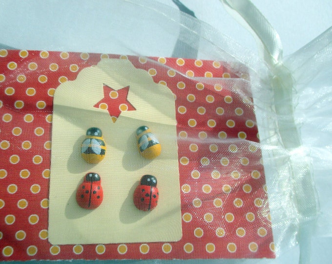 2 sets-Bug studs-Bee studs-Ladybug studs-Wood bug posts-insect studs-jewelry set-tween-nickel free-cute girls gifts-kids summer jewelry sets