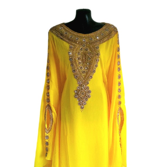 New Arabic Yellow Jalabiya Caftan Gold Embellished Kaftan