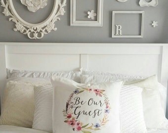 Guest Room Decor, Be Our Guest Pillow, Throw Pillows, Guest Room Pillow, Bedroom Decor, Floral, Gift for Her, Gift for Mom, Gift for Grandma