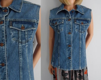 Denim jean vest, waistcoat gilet jacket, womens, button up collared top, medium