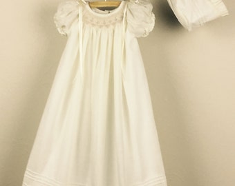 Christening Gown, Cotton Baptism Gown, Girls Baptism Dress, Dedication Dress, Ivory, Long Christening Gown with Bonnet