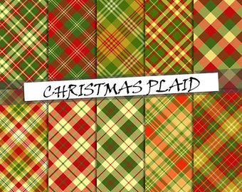 Christmas red and green plaid digital paper: scottish plaid patterns, printable xmas tartan digital paper; for commercial use