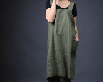 Linen Pinafore, Crossed Linen Apron, Wrap linen apron, Japanese Apron, Long linen apron, Cross back apron, Sizes XXS to XXL