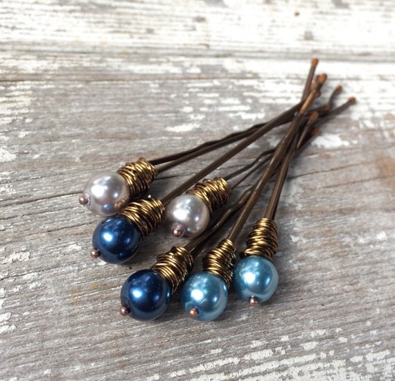 Blue pearl bobby pin beaded hair pin for wedding by CrushedCameo