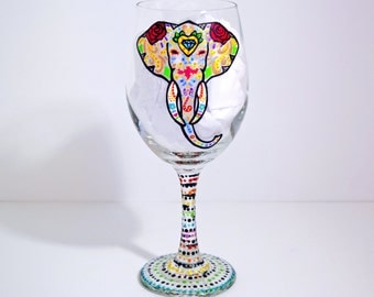 Elephant Gifts, Elephant Glass, Elephant Wine Glass, Hand Painted Wine Glasses, Sugar Skull, Anniversary Gifts, Gift for Her, Gift for Mom