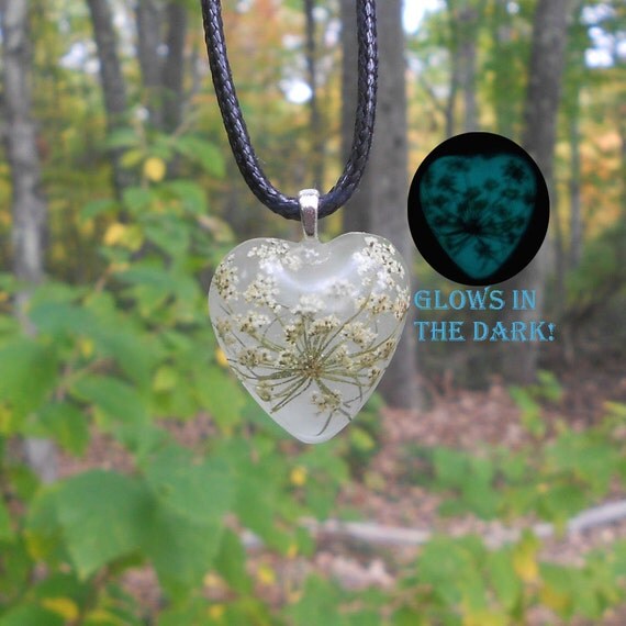 Ground Elder, Glow in the Dark, Pressed Flower,  Gift for her, Necklace, White, Aqua Blue, Christmas Gift, Real Flower