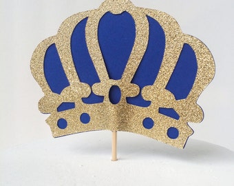 Gold Glitter & Royal Blue Crown Cake Topper- Gold Crown Cake Pick – Crown Cake Topper – Ready to Ship