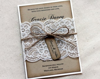 Lace Rustic Wedding Invitations, Kraft Wedding Invitation Set, handmade Wedding Invitation Ensemble, Wedding Invitations Rustic, Shabby Chic