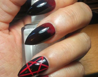 Stiletto Nails Black with Red Pentagrams * Gothic/Goth/Witch * Acrylic Press/Glue on False/Fake Nails * Coffin/Square/Oval/Matte/Long/Short