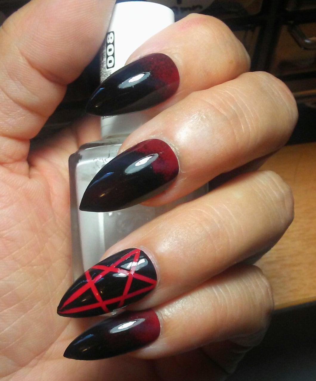 Gothic Stiletto Pentagram Nails Black & Red Long or Short