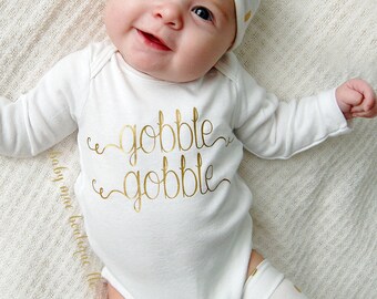 Baby Girl Thanksgiving Outfit; Gerber ® Onesies ® brand; Baby Thanksgiving Bodysuit, leg warmers and bow; Gobble Gobble Bodysuit