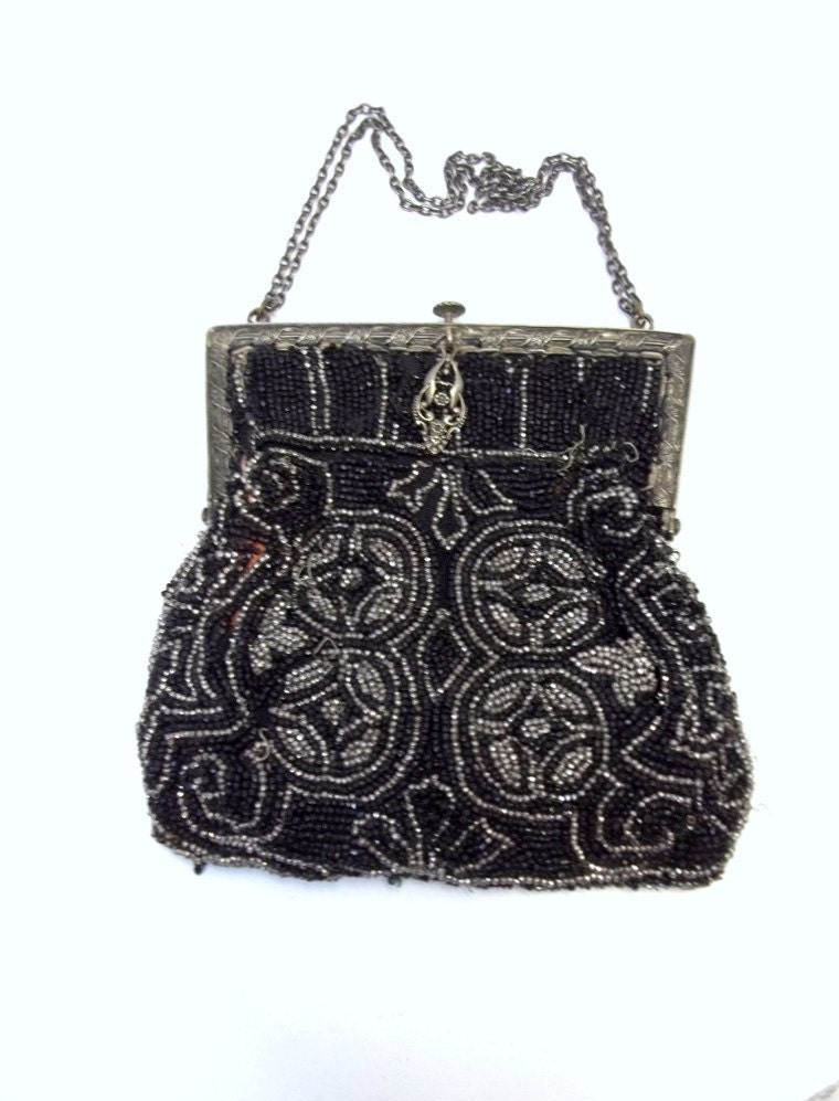 Antique French Steel Cut Bead Purse Black Silver Beads Ornate