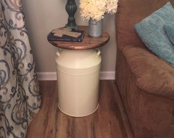 Milk Can end table, wood end table, cream milk can, end table, rustic end table, rustic table, round end table