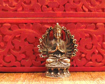 BUDDHA STATUE Tiny brass Deity multi arm, seated multi arm Guan Yin, thousand arm Guanyin Avalokitasvara, Avalokiteshvara, Saturday Buddha
