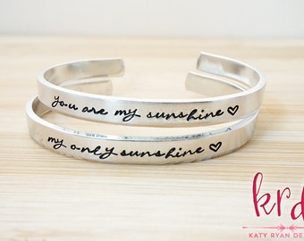 You Are my Sunshine Bracelet Set - You Are my Sunshine Jewelry - My Only Sunshine - Mother Daughter Gift - Hand Stamped Cuff Bracelet Set
