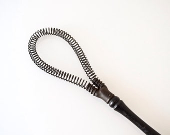 rug beater, carpet beater, antique rug beater, rare rug beater w/ spring coiled head and wooden handle, farmhouse decor, vintage, antique