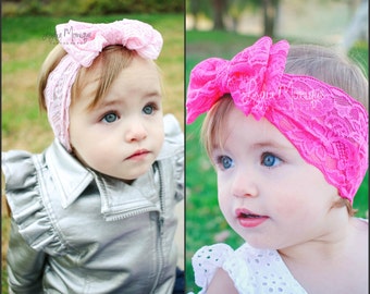 Baby girl headband, pink or hot pink lace double bow headband, baby bows, pink headband, hot pink headband, baby head wrap, 1st birthday