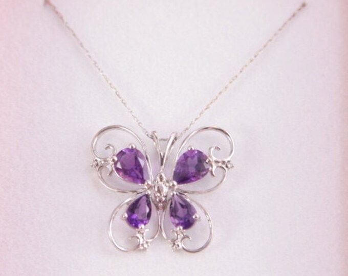 Vintage Diamond Amethyst 10ct White Solid Gold Butterfly Necklace Pendant Retro Wedding Jewelry Fine Jewellery