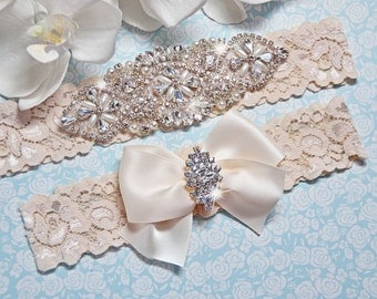 Wedding Garter -Bridal Garter- Ivory Garter- Lace Garter- Ivory Garter Set- Pearl Garter-Crystal Rhinestone Garter Set- Amanda Style- G 0785