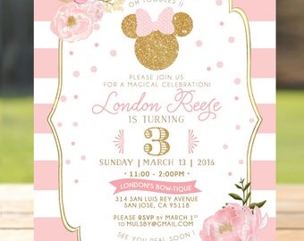 Pink & Gold Glitter Minnie Mouse Birthday Invitation - Girls Birthday Invitation Floral Flowers - digital invite customizable DIY printable