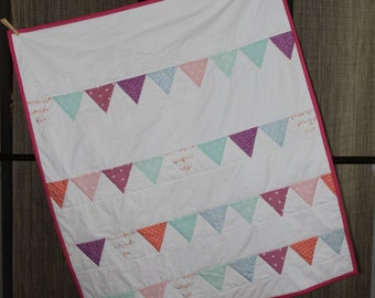 Baby Girl Handmade Multicolor Bunting Quilt of Pinks, Purples, and Teals; Girl Toddler Bunting Quilt