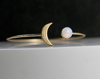 Crescent Moon BANGLE with genuine vintage opal stone. Hand patinated gold. Fully adjustable. Gift for her.