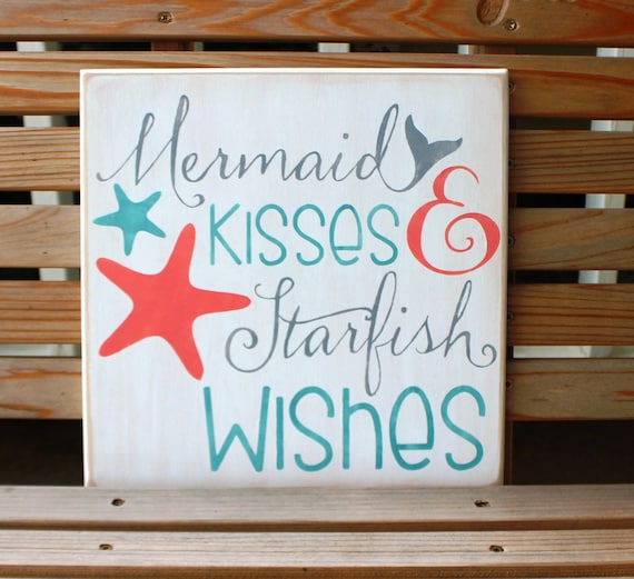 MERMAID KISSES & STARFISH Wishes - 12 x 12 - Painted Wooden Sign - Beach Decor - Mermaid Decor - Bathroom Decor - Hand Painted - Wood