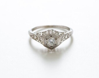 Vintage Art Deco Engagement Ring Stunning Filigree Styled Mounting 14kt White Gold .20 Carat Very Clean White Sparkly VS Diamond US Size 6