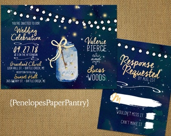 Rustic Summer Wedding Invitations,Mason Jar,Fireflies,Summer Starry Night Sky,Fairy Lights,Printed Invites,Opt RSVP,Customizable,Envelopes