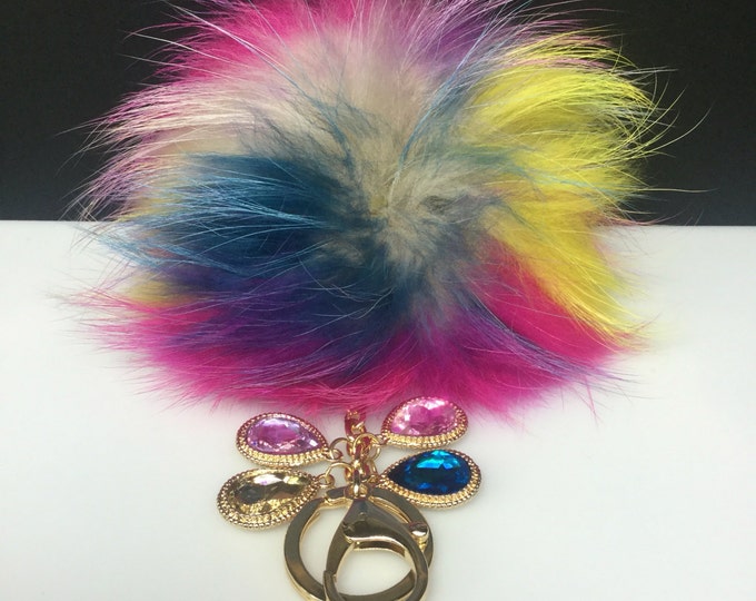 NEW Tropical Swirl™ Crystals Multi Color Raccoon Fur Pom Pom bag charm clover flower charm keychain piece no.409