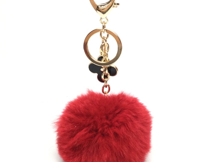 Deep Red fur pom pom keychain REX Rabbit fur pom pom ball with flower bag charm