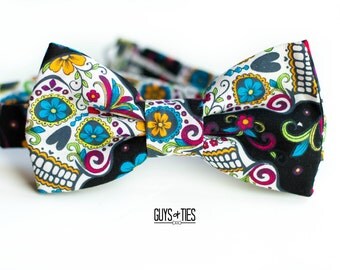 skull bow tie, day of the dead, dia de los muertos, sugar skulls, self tie bowtie, Mexican bow tie, colorful bowtie, skulls flowers, hipster