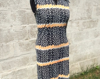 Vintage 70s sleeveless navy blue, white, orange polka dots midi dress, polyester, boho, size M/L